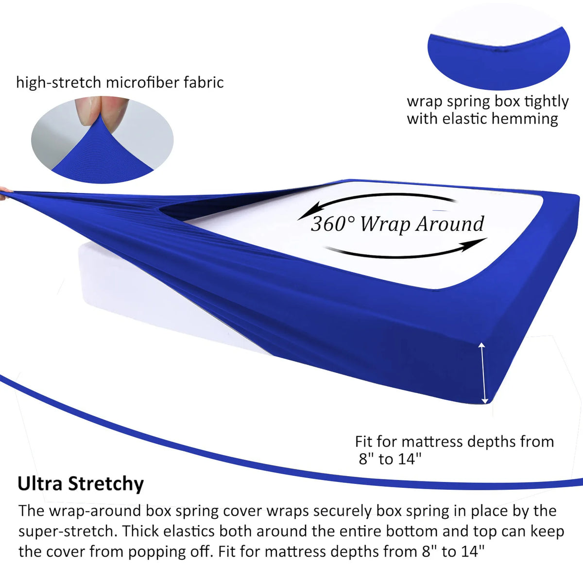 Blue stretch fabric wrap-around box spring cover designed to fit mattresses from 8 to 14 inches deep.