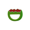 A green silicone baby rattle teether shaped like a sliced watermelon with red accents.