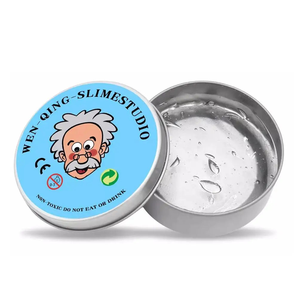 A round tin of crystal clear stress putty with a lid and a label reading Wen-Qing Slimestudio