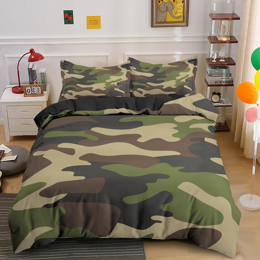 A camouflage duvet cover set featuring green, brown, and olive tones displayed on a bed.