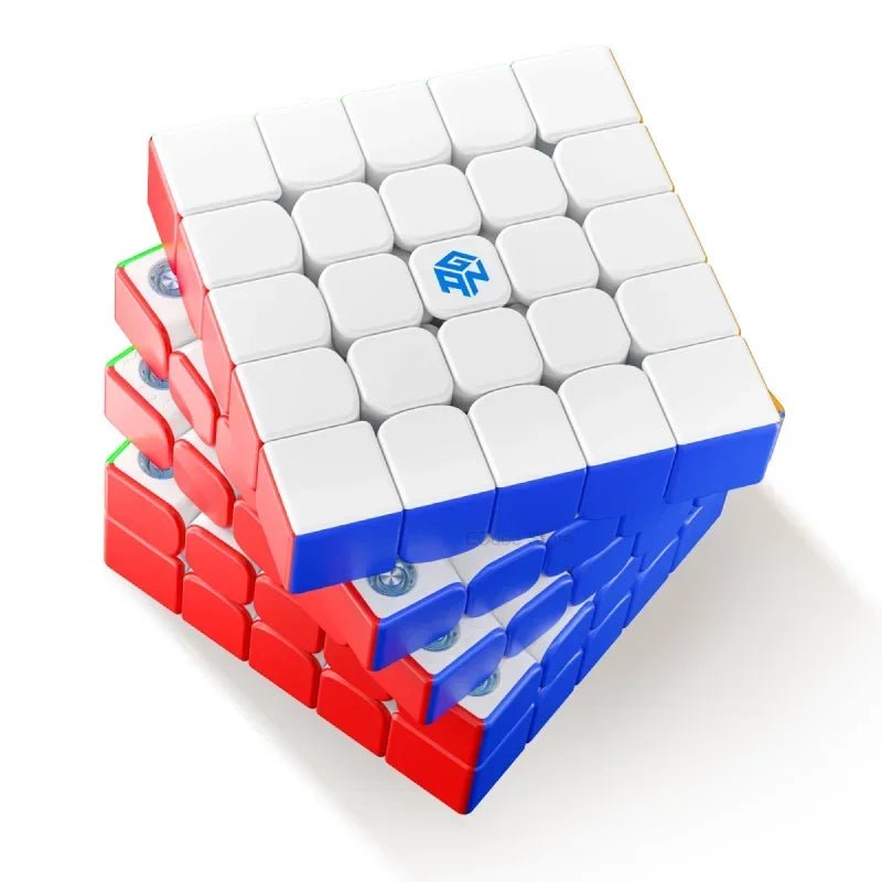 A stack of GAN 5x5x5 magnetic speed cubes with a UV coated frosted finish.