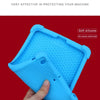 A hand holds a blue silicone protective case with a kickstand, designed for an iPad Mini.