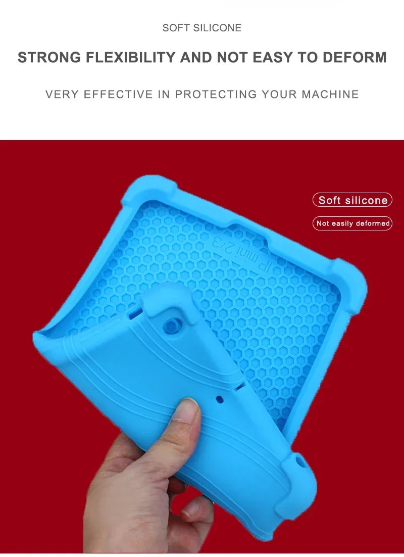 A hand holds a blue silicone protective case with a kickstand, designed for an iPad Mini.