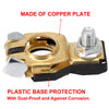 A close-up view of a copper plate quick-release terminal with a plastic base for protection.
