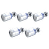 Four chrome kitchen faucet water filters with splash guards shown from the side.
