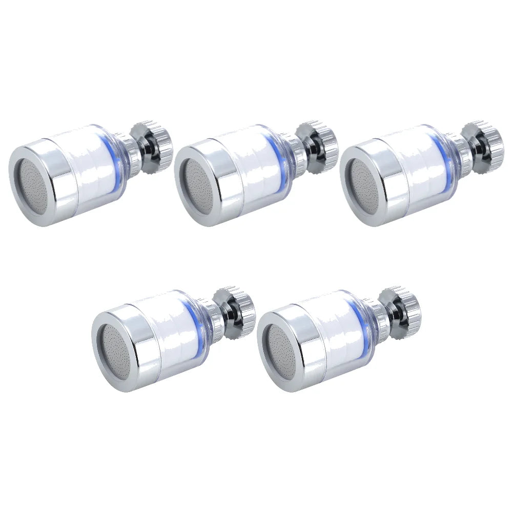 Four chrome kitchen faucet water filters with splash guards shown from the side.