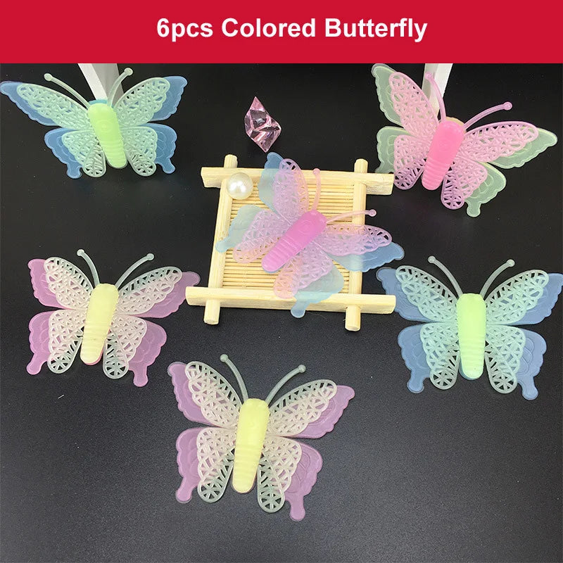 Six pieces of colored butterfly wall stickers featuring various shades of pink, green, blue, and yellow.