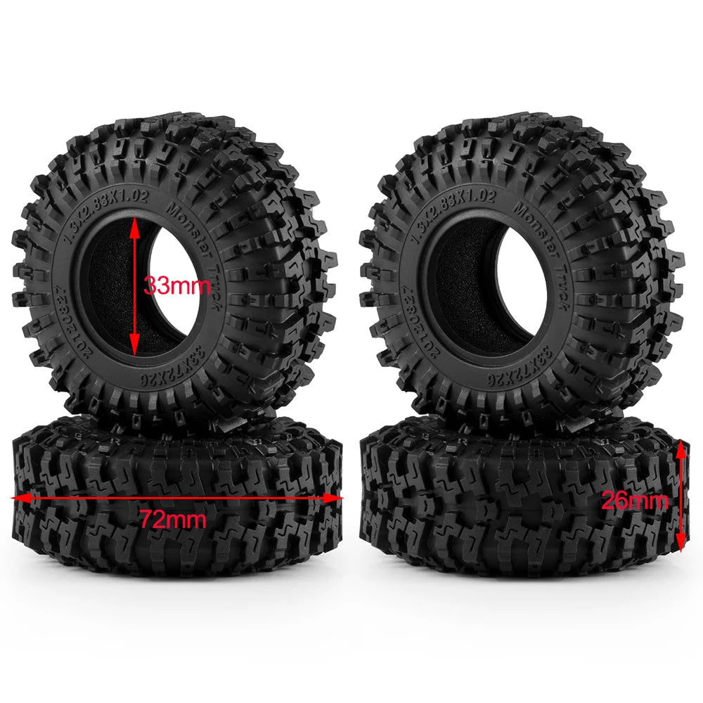 A pair of black mud terrain wheels and tires for RC crawlers, showing the tire size and mounting details.