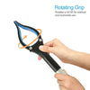 A hand is rotating a black foldable extra-long pickup tool with a blue grip for use.
