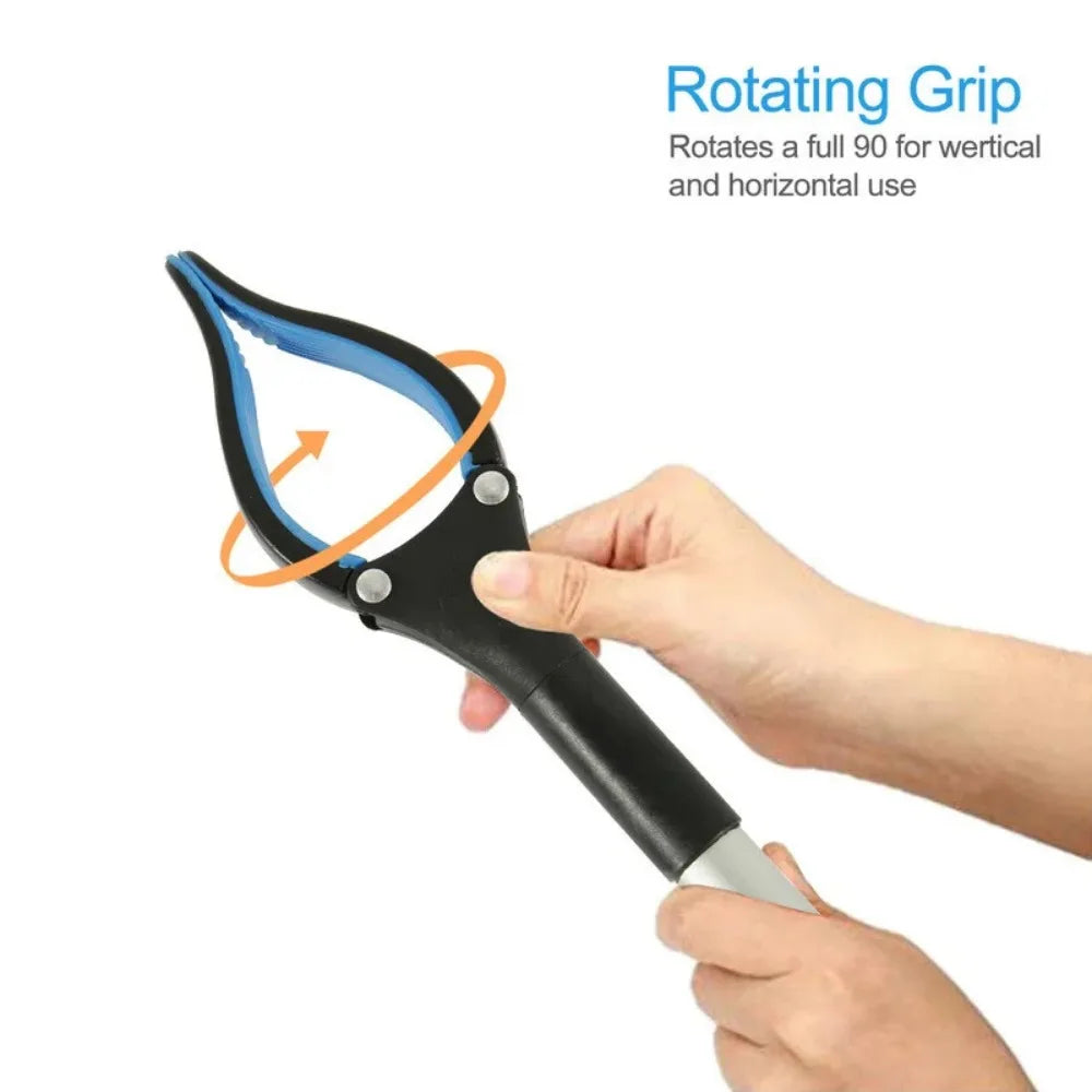 A hand is rotating a black foldable extra-long pickup tool with a blue grip for use.