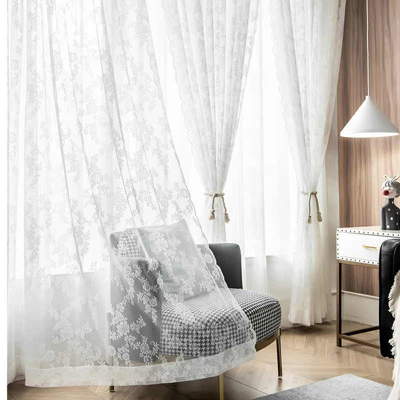 French Lace Sheer Curtains - White Tulle Voile Drapes for Bedroom & Living Room