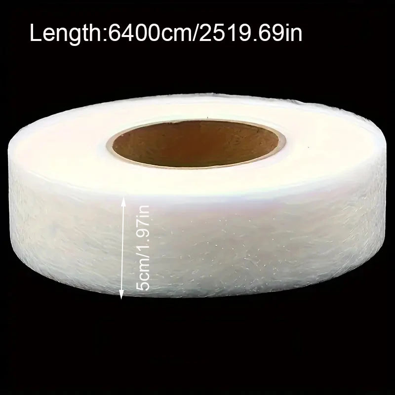 Roll of white no-sew iron-on hem tape with dimensions 6400cm or 2519.69in