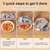 Three steps showing how to use reusable aluminum foil bowl covers for food