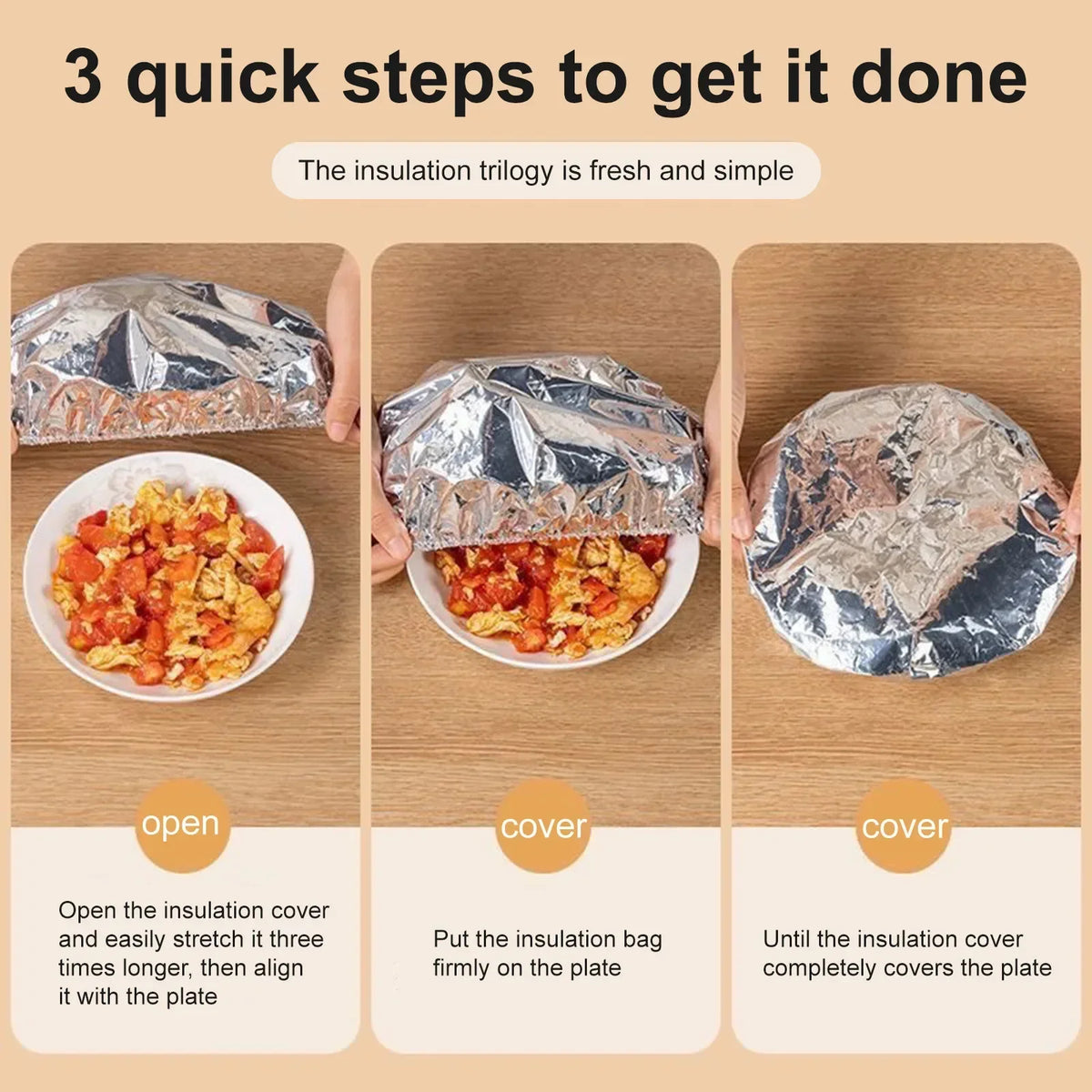 Three steps showing how to use reusable aluminum foil bowl covers for food
