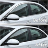 Before and after comparison showing a high-gloss black vinyl wrap strip applied to the side mirror of a white car.