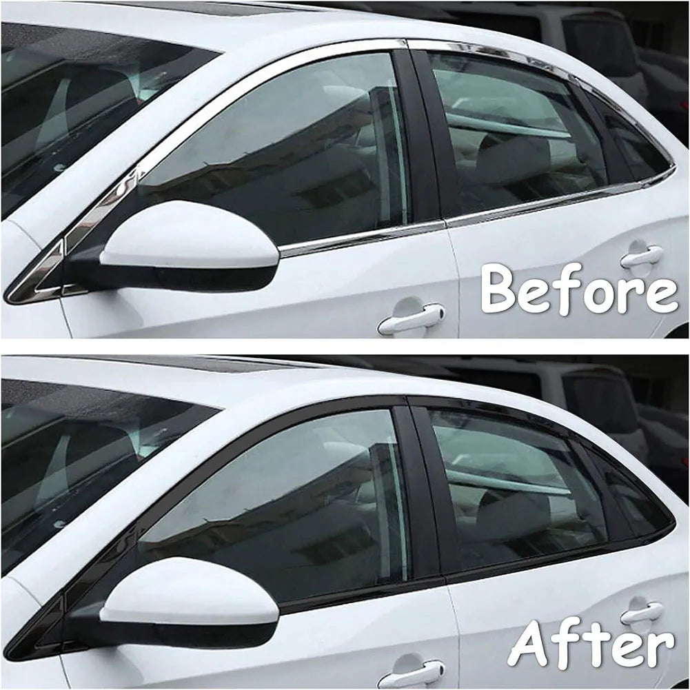 Before and after comparison showing a high-gloss black vinyl wrap strip applied to the side mirror of a white car.