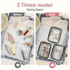 Before and after comparison of a transparent PVC zipper tote for travel and organization showing space-saving features