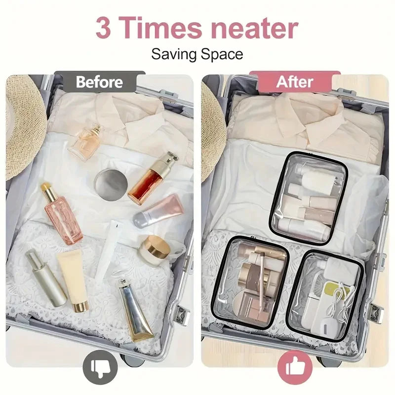 Before and after comparison of a transparent PVC zipper tote for travel and organization showing space-saving features