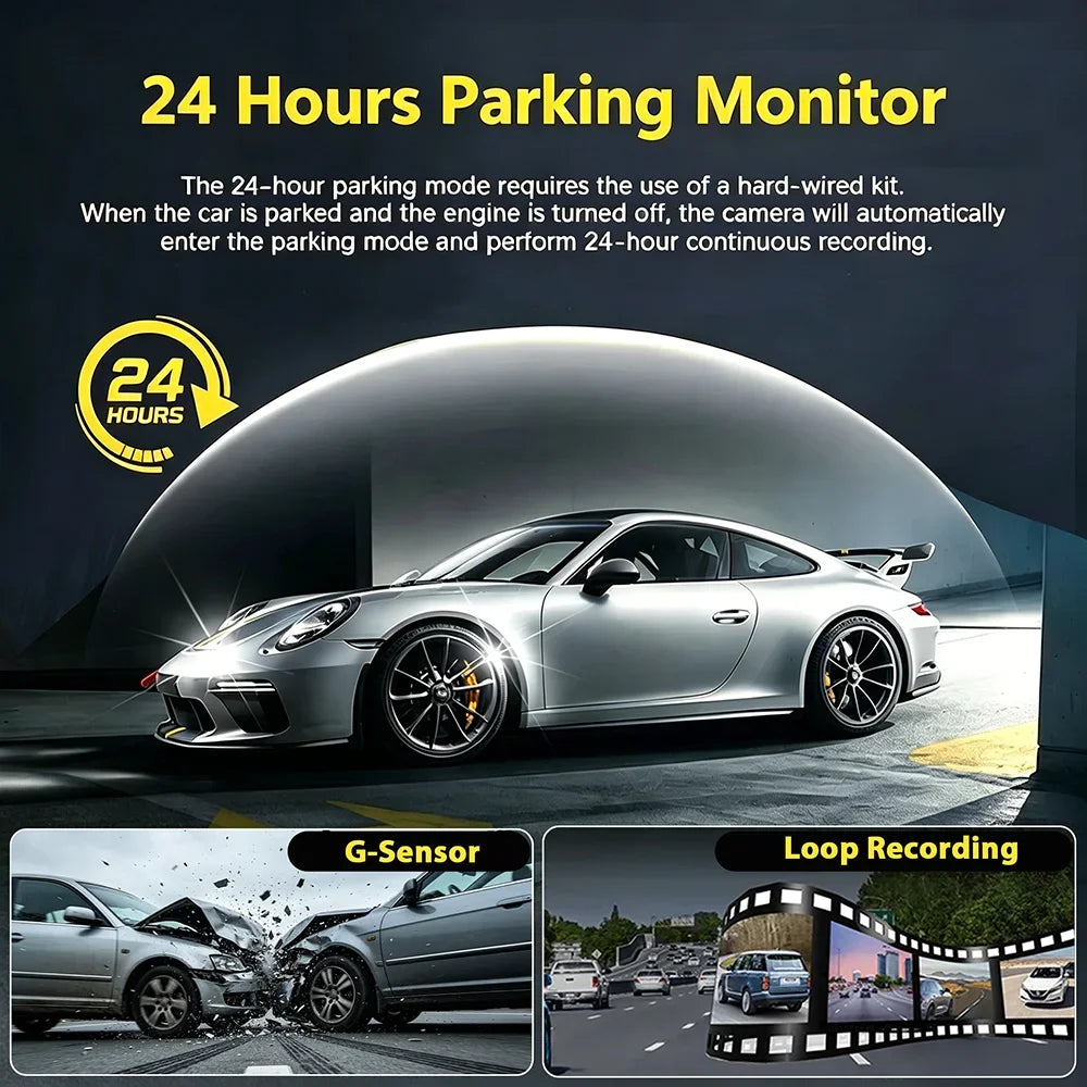 A silver Porsche sports car is shown with a 24-hour parking monitor camera system installed on its front, demonstrating conti