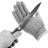 A hand wearing gray cut-resistant work gloves holding a sharp knife.