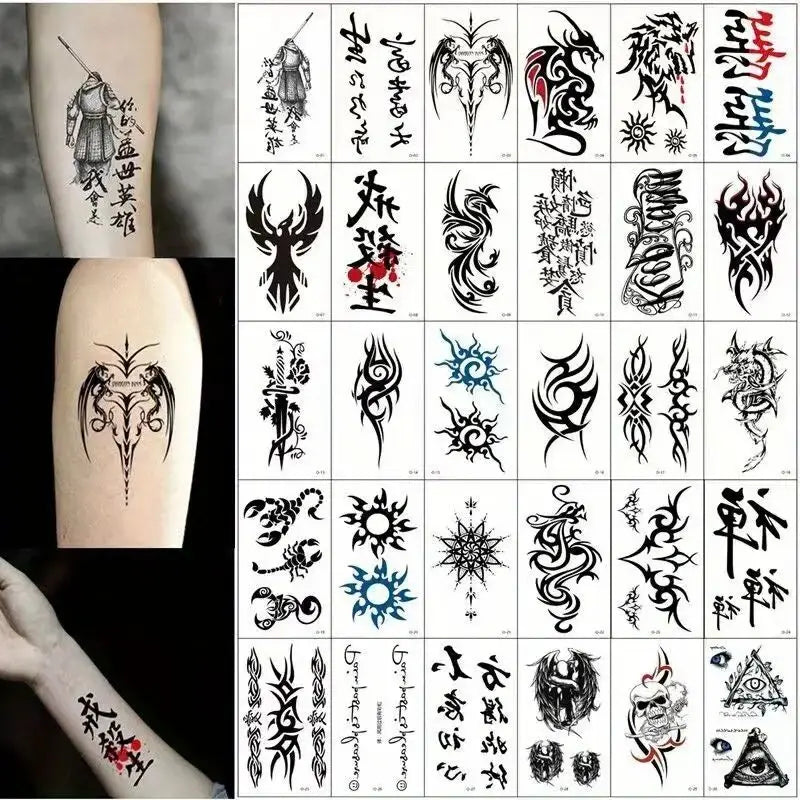 Una cuadrícula de diseños de tatuajes temporales con motivos de luna, estrella, diablo y flor en tinta negra.