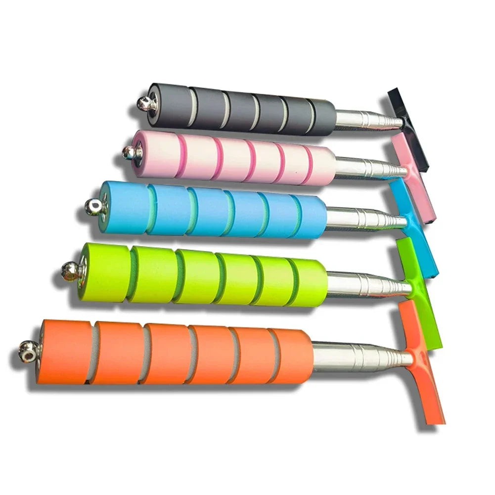 A set of five telescopic window cleaning squeegees with adjustable handles in various colors including gray, pink, blue, lime