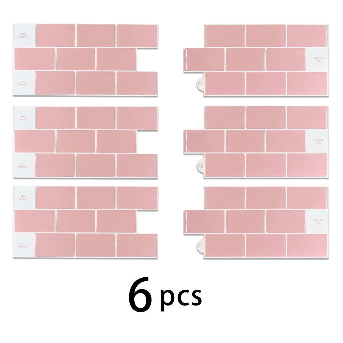 A set of six pink 3D waterproof peel-and-stick kitchen wall tiles arranged in various rectangular patterns.