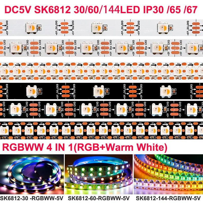 SK6812-30-RGBWW-5V and SK6812-60-RGBWW-5V LED strips for lighting applications