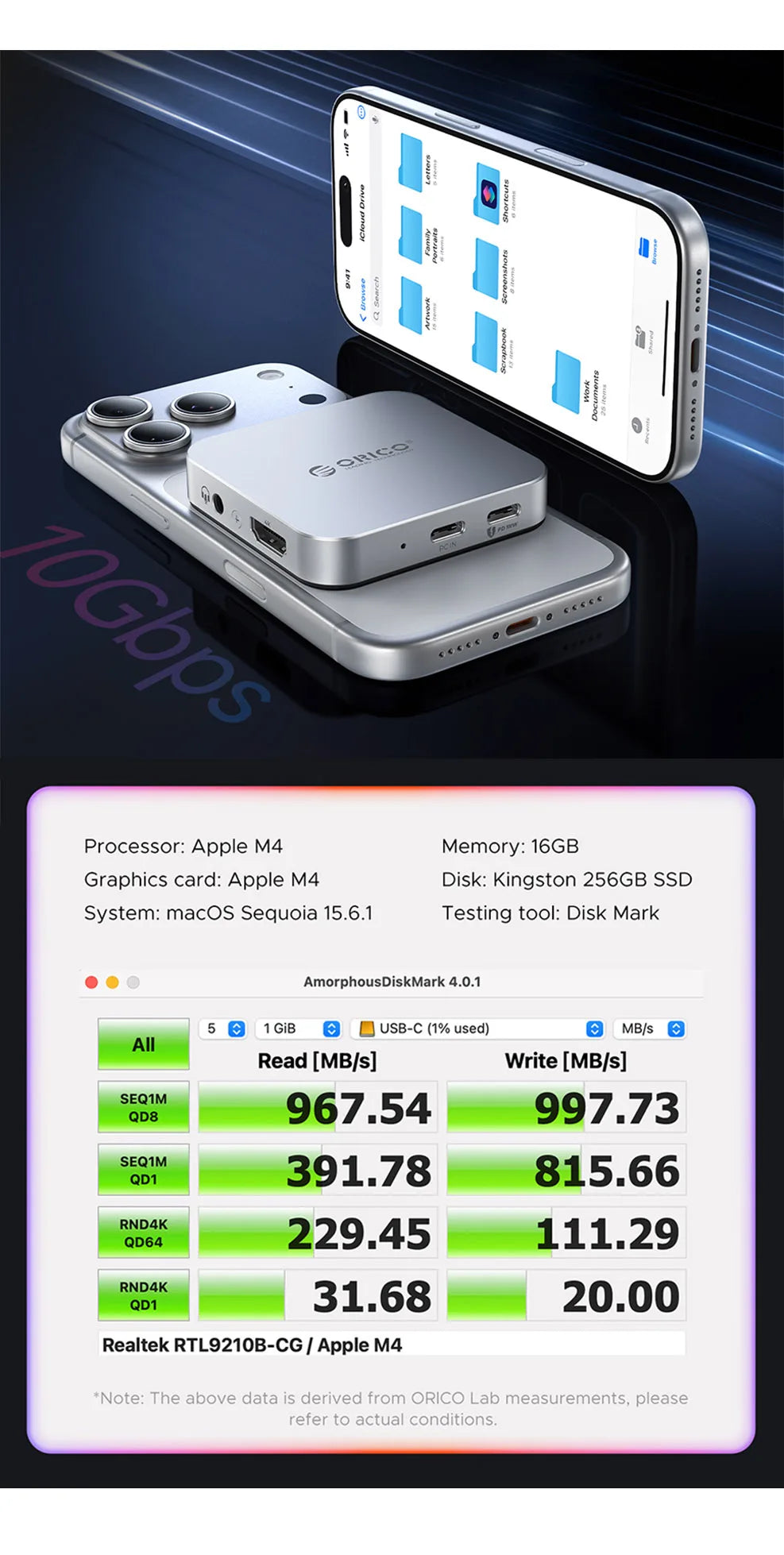 Boîtier NVMe SSD magnétique argenté et adaptateur multi-ports connecté à un appareil Apple M4 affichant des métriques de perf