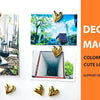A set of gold heart-shaped refrigerator magnets is displayed alongside a colorful heart magnet and a photo featuring a heart 
