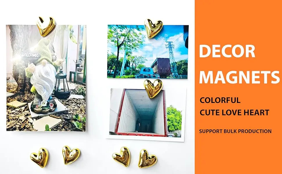 A set of gold heart-shaped refrigerator magnets is displayed alongside a colorful heart magnet and a photo featuring a heart 