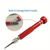 A red screwdriver with a built-in storage batch nozzle is shown next to a detached component.