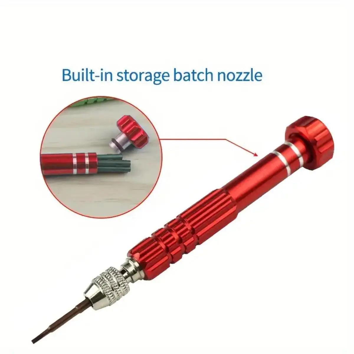 A red screwdriver with a built-in storage batch nozzle is shown next to a detached component.
