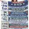 A woman holds up a personalized printed fleece throw blanket featuring text about thanking her dad and love for her daughter