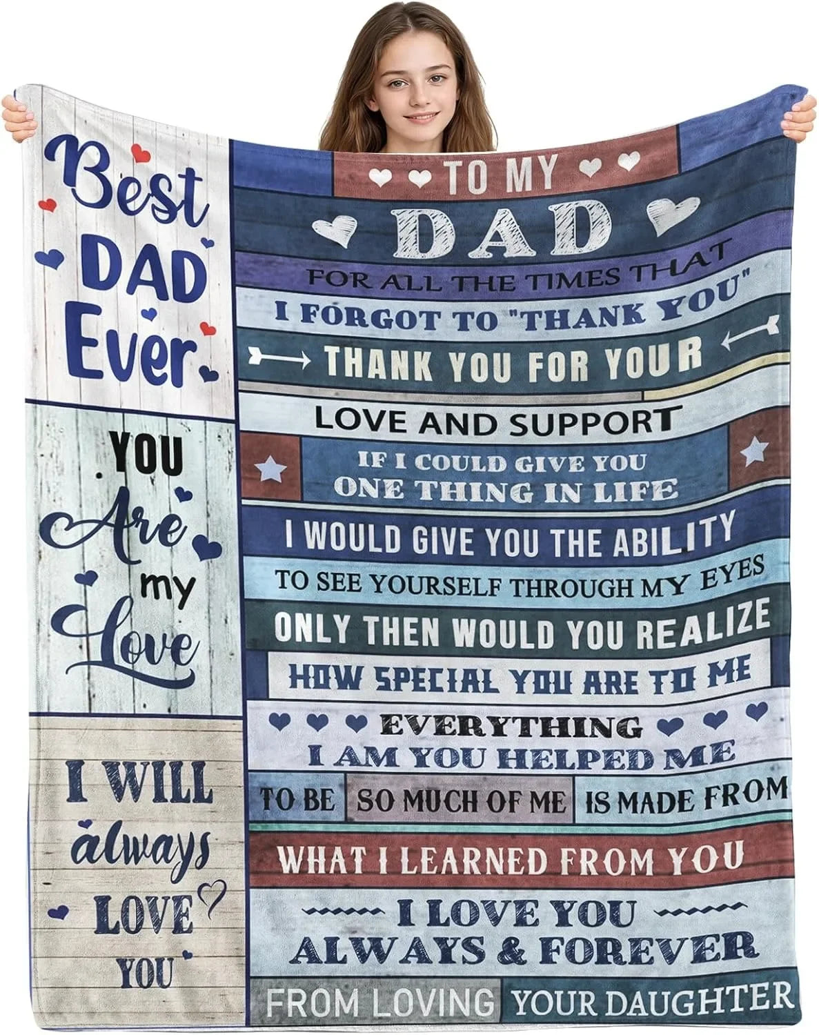 A woman holds up a personalized printed fleece throw blanket featuring text about thanking her dad and love for her daughter