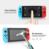 A clear glass screen protector is shown being installed on a Nintendo Switch console.