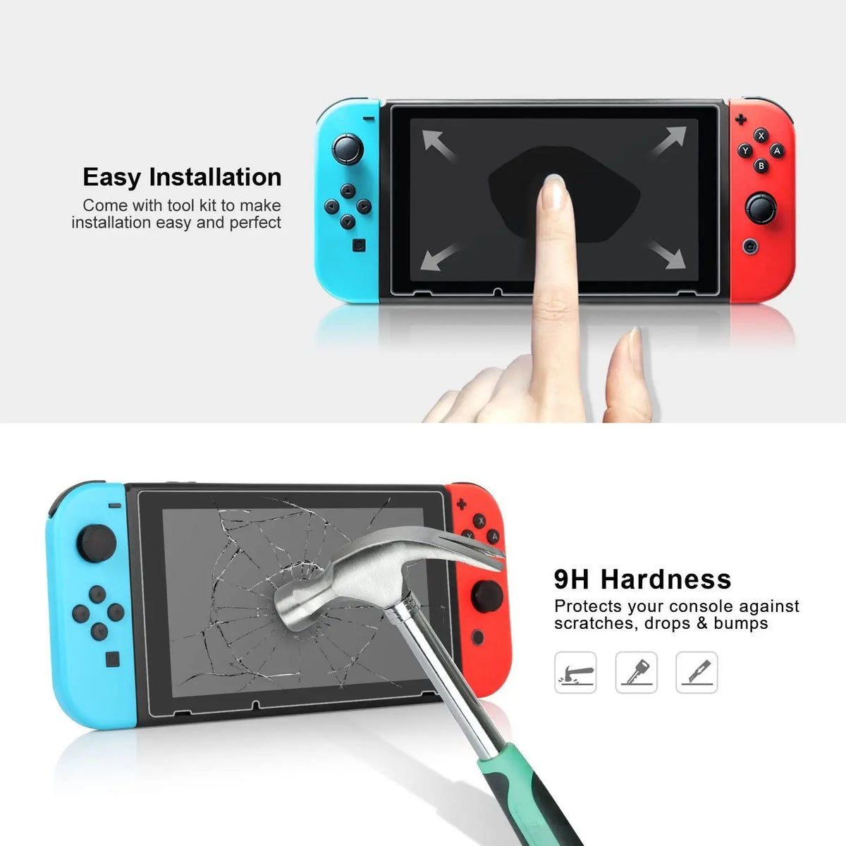 A clear glass screen protector is shown being installed on a Nintendo Switch console.