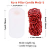 A silicone mold of a rose pillar candle with a red rose design, showing dimensions and weights.