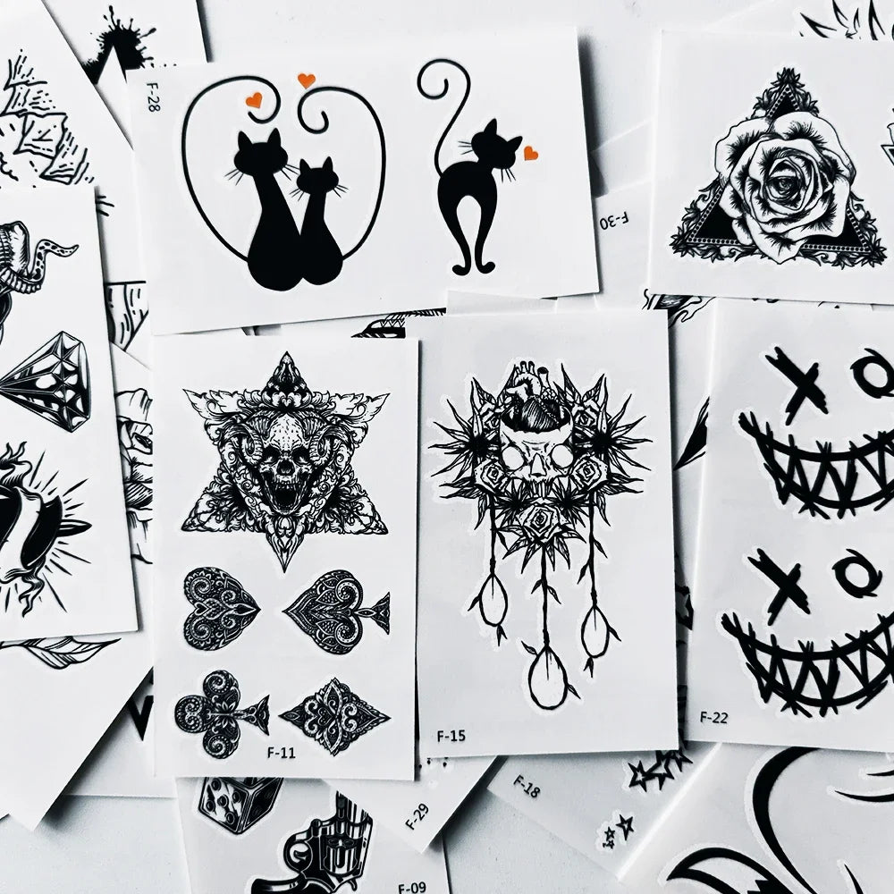 Colección de pegatinas temporales con diseños de luna, estrella, diablo y flor.