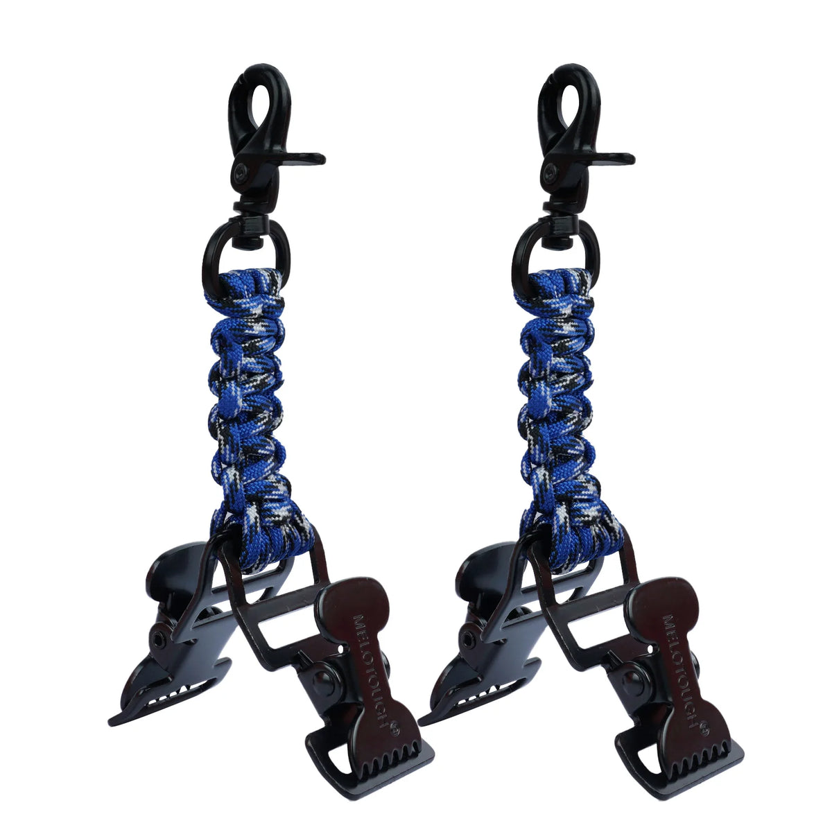 Un par de clips de guante tácticos negros con cordón azul y garras metálicas.