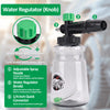 A clear bottle with a green water regulator knob and a black nozzle connector for a pressure washer foam cannon