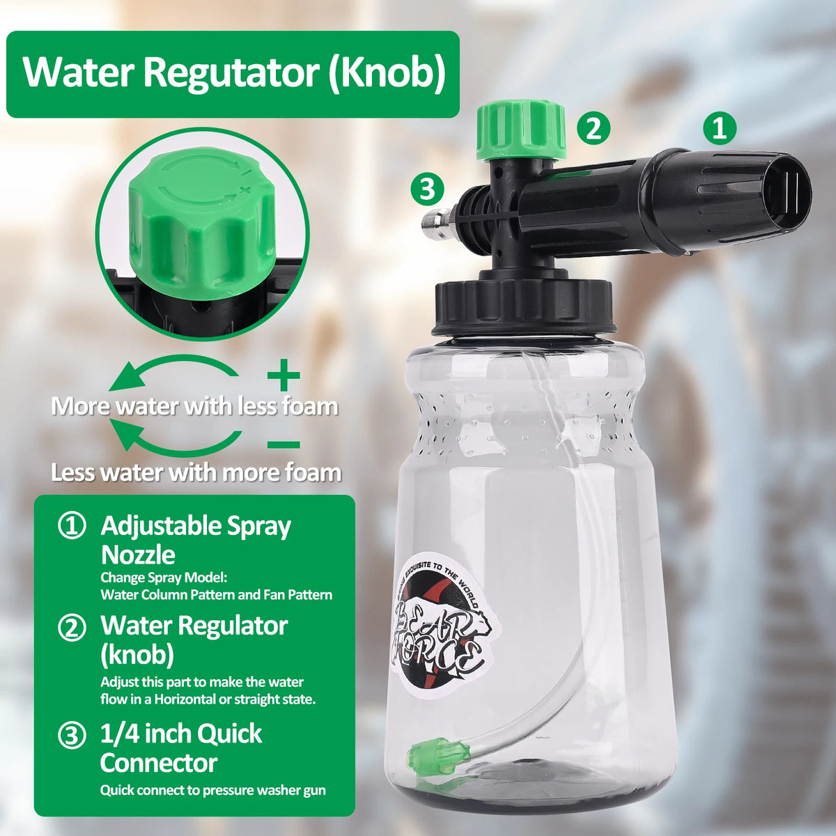 A clear bottle with a green water regulator knob and a black nozzle connector for a pressure washer foam cannon