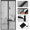 A magnetic screen door featuring a mesh curtain and black fabric, shown with close-ups of the product components.