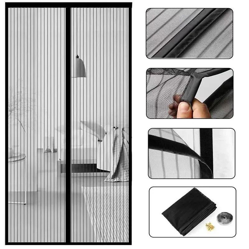A magnetic screen door featuring a mesh curtain and black fabric, shown with close-ups of the product components.