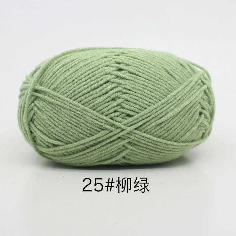 A ball of light green 25-ply yarn for knitting and crochet.