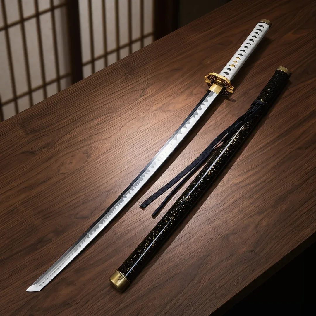 A replica Yamato sword, resembling a Vergil Katana from Devil May Cry 5, is displayed on a wooden surface.