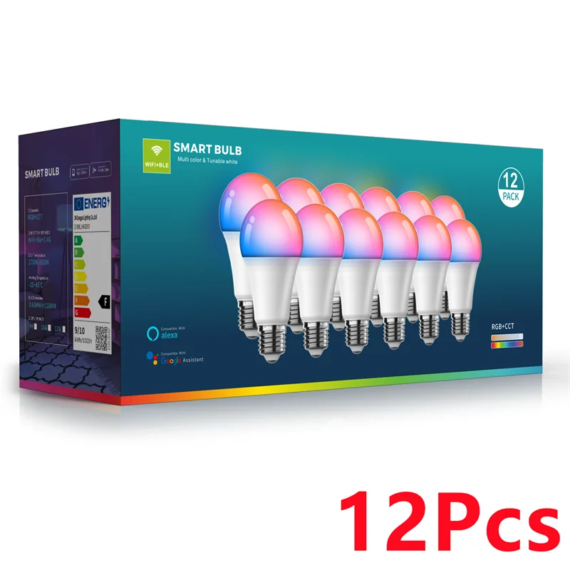 A box containing 12 Smart Bulb LED lights with RGB color changing and dimmable warm/cool light.