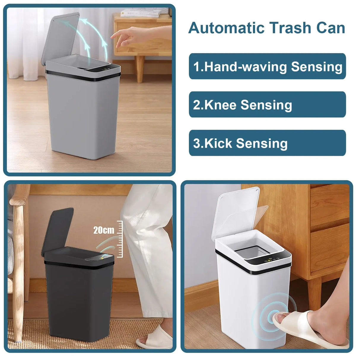 Automatic trash can demonstrating hand-waving, knee, and kick sensing features.