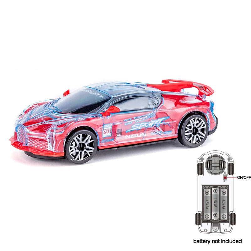 A red police car toy with flashing lights and sounds, shown next to its battery compartment.