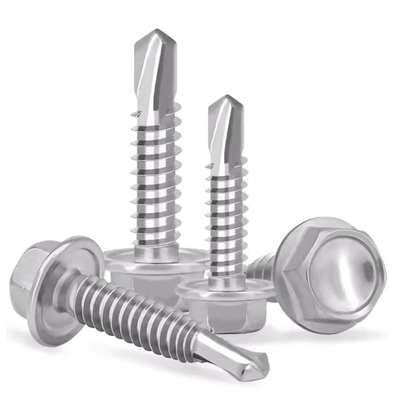 A set of stainless steel hex self-drilling screws shown in various angles.